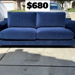 Brand New. Mid Century Modern Blue Velvet Sofa. Retails Over $1800. 2 Available. $680 Each