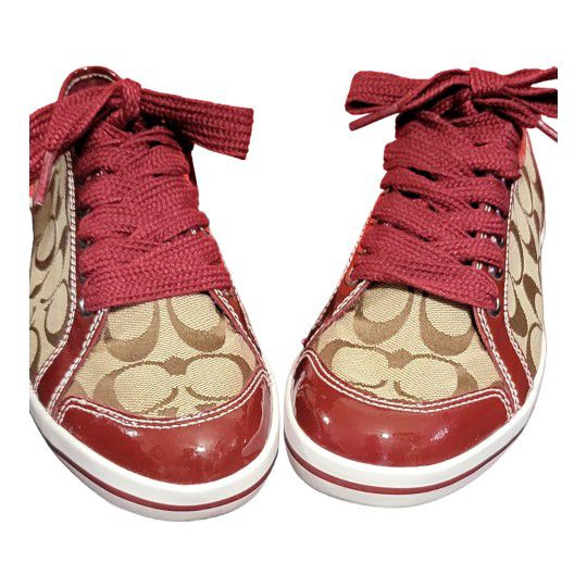 Coach Brodi Signature Khaki Ruby Red Signature Patent Leather Sneakers