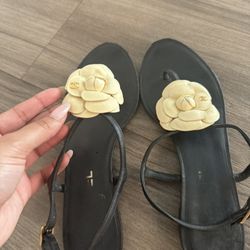 Chanel black leather Camellia Heels 