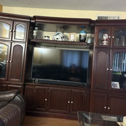 Wood Entertainment Center With Cabinets And Drawers