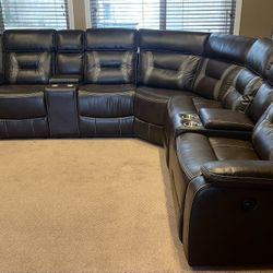 Brown Leather Sectional Sofa With Reclining seats +2 Consoles