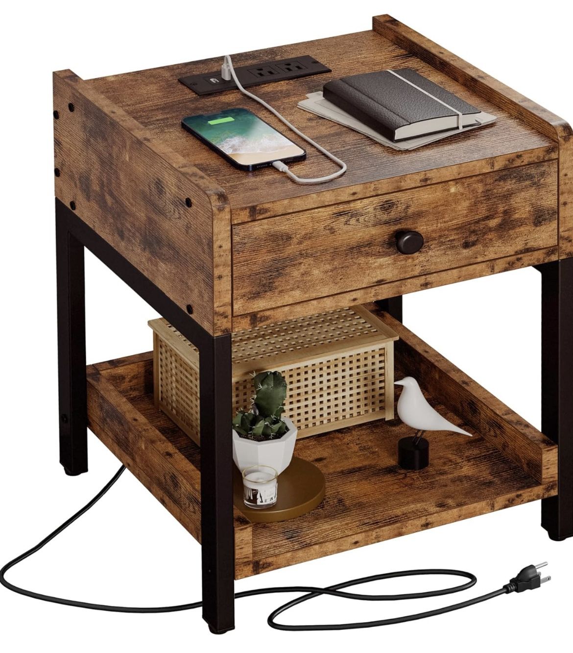 LIKIMIO Nightstand, Bedside Table with Charging Station