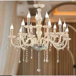 Crystal Chandelier with 15 LED Candle Bulbs – Silver 2-Tier Acrylic Ceiling Light Fixture with Illuminated Upper and Lower Layers for Dining Room or E