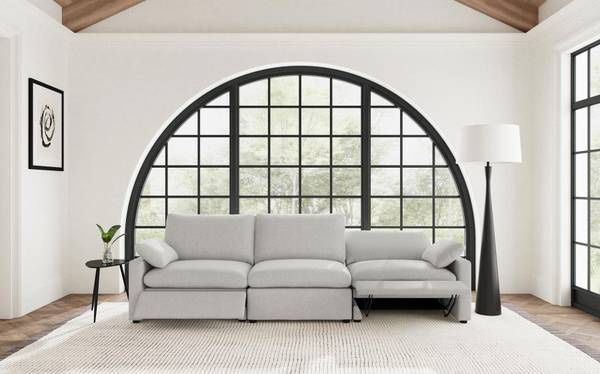 ~New 3 Seat Power Reclining Sofa Upholstered in Soft Grey Fabric~