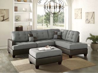 Grey fabric with brown faux leather sectional with ottoman brand new in box firm price $529