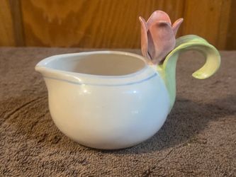 Vintage Avon Elegant Blooms Porcelain Creamer - White with Pink Flower Tulip Handle