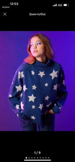 Coraline Blue White Star Knit Turtleneck Pullover Sweater Long Sleeve S