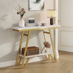 New - Faux Marble Console Space-Saving Entryway & Sofa Table with Open Storage. Narrow Design for Hallway or Living Room