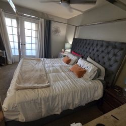 King Grey Velvet Tufted Canopy Bedframe