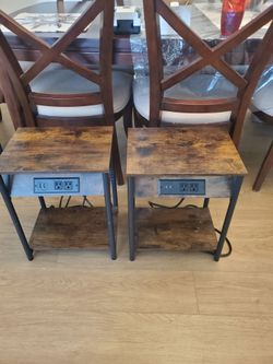 Set of 2 Rustic End Tables with Charging Station