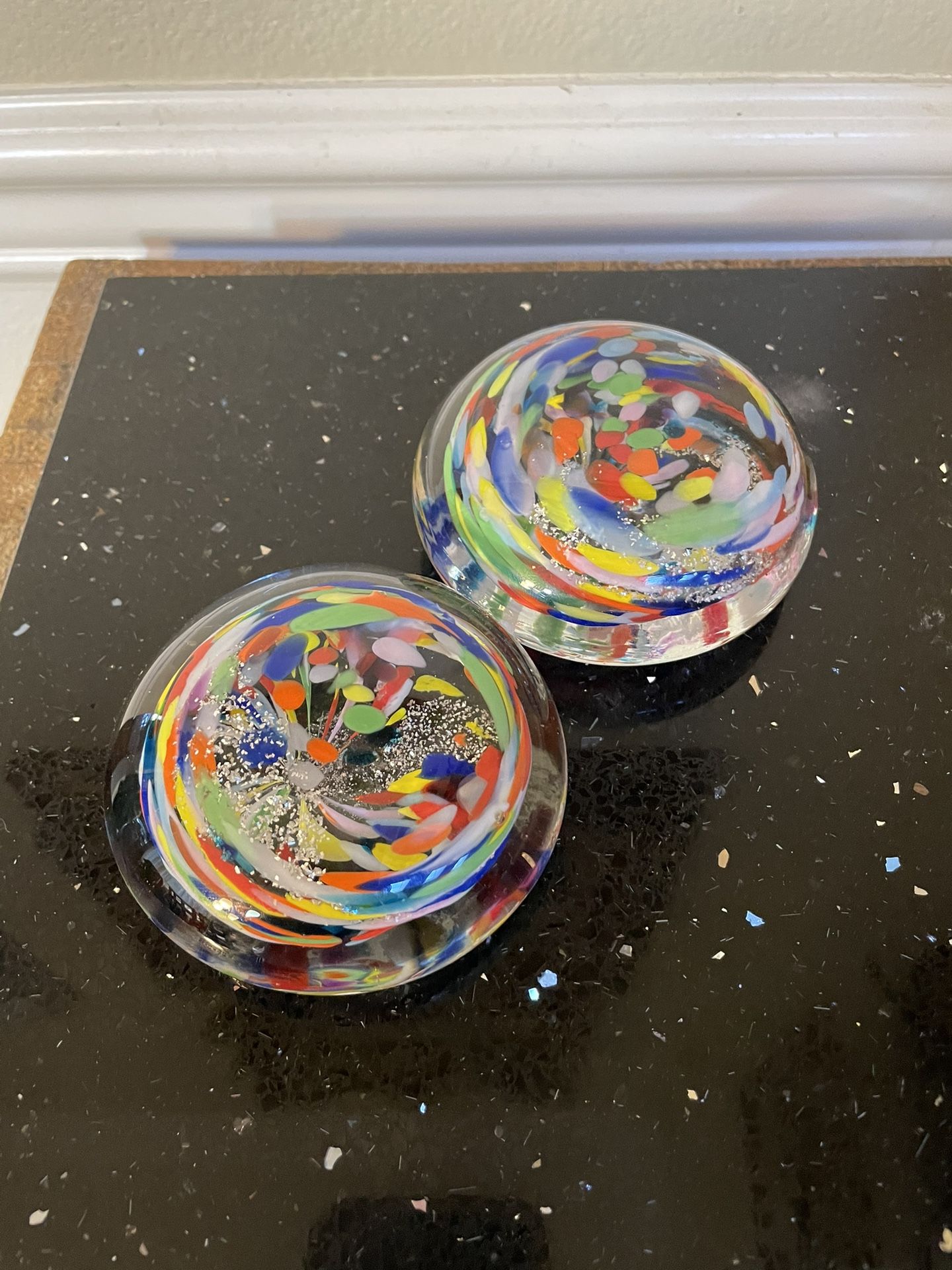 Set of 2 Vintage Italian Art Glass Multi Colored Swirled Design Paperweight