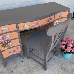Large Vintage Desk Professionally Done With Free Chair 