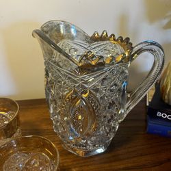 Antique Pressed Glass Pitcher and tumbler set with gold trim
