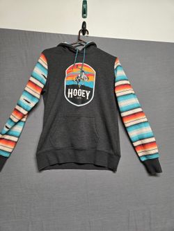 Hooey Charcoal Graphic Hoodie with Serape Stripe Sleeves Women's M