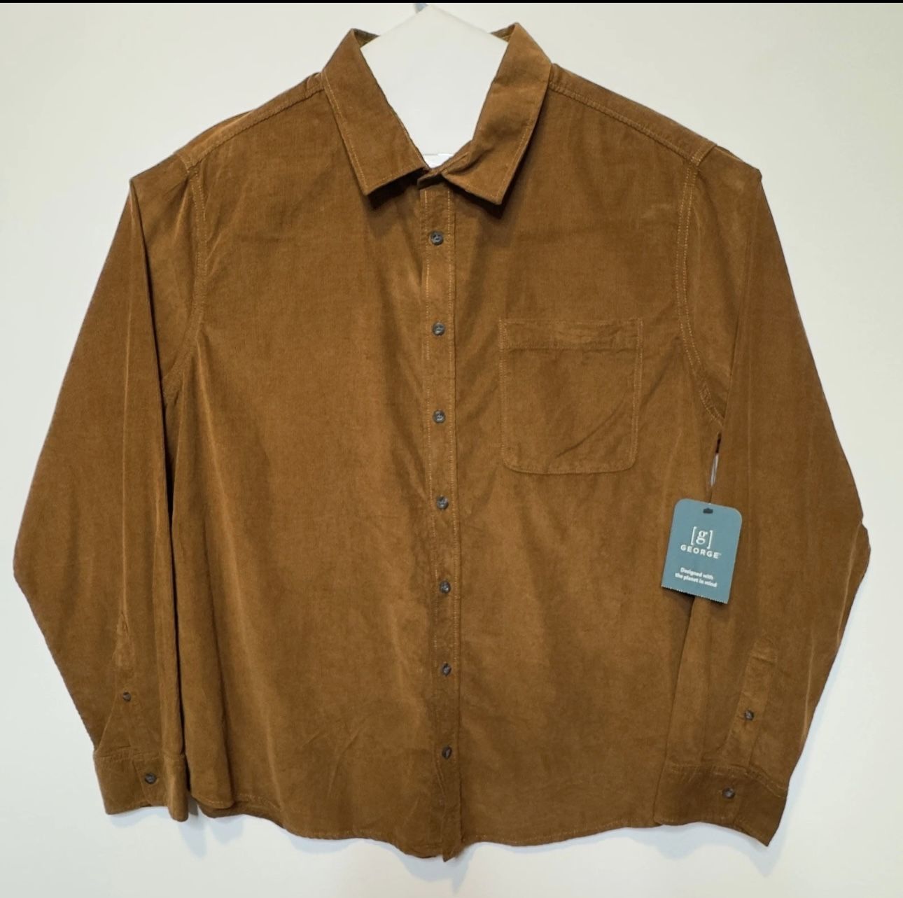 George Mens Corduroy Button Down Shirt Long Sleeve Brown Size 2XL