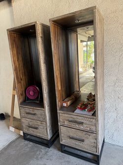 Rustic Wood and Metal Tower Cabinets with Drawers – Set of 2