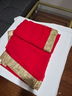 Red Color Chiffon Saree with Gold Sequin border with blouse fabric