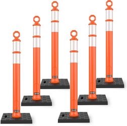 42 Inch Orange Traffic Cones Delineator Posts with Base 6 Pcs 11.8" x 11.8" weighted base with reflective collars for parking lots, construction zones