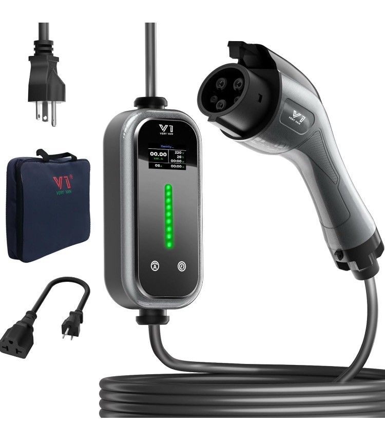 Level 1&2 Portable EV Charger, 16A Electric with 25FT Extension Cable, NEMA 6-20 Plug & 5-15P Adapter,