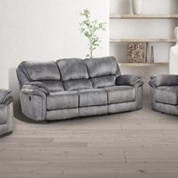 Brand New Grey Leather Super Plush 3pc Reclining Sofa Set 