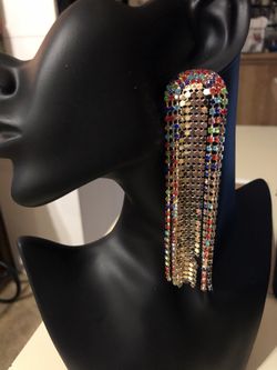 Gold & Rainbow Rhinestone Waterfall Earrings 