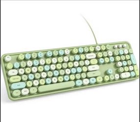 Brandnew Wired Computer Keyboard - Green Colorful Retro Full Size Round Keycaps Plug and Play Typewriter Cute Keyboards for Windows, Laptop, PC, Deskt