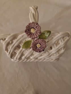 White Ceramic Woven Basket with Flowers