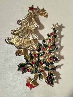 2 Vintage Christmas Tree Brooches Gold Tone Rhinestone Enamel