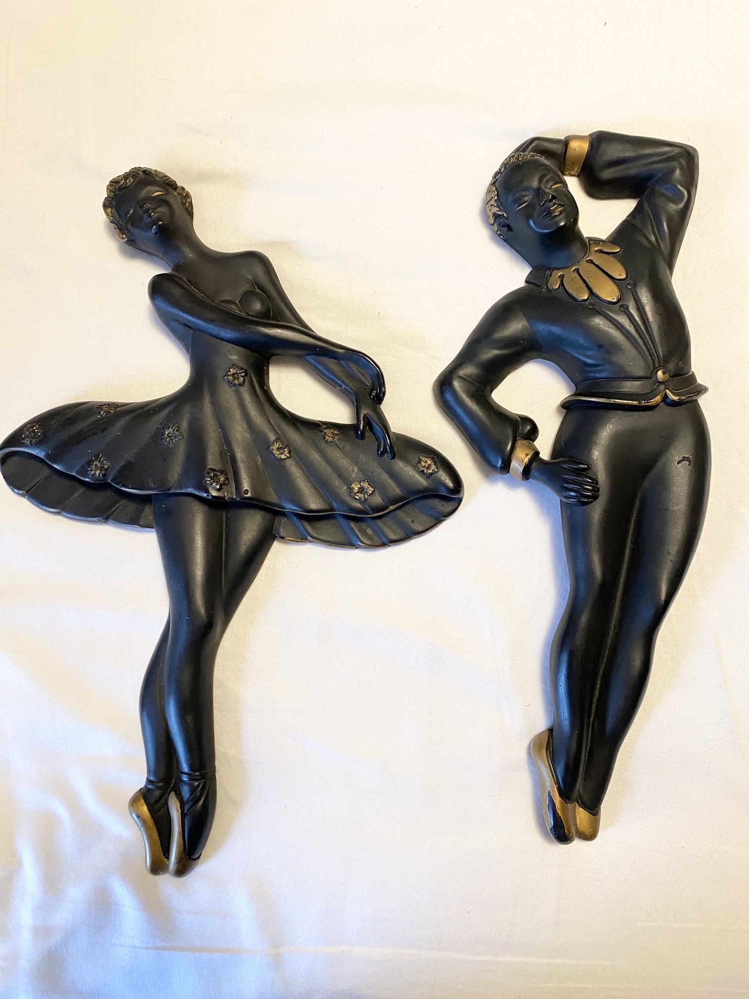 Vintage MCM Large Chalkware Wall Art Plaques - Black / Gold Ballet Dancers 16”