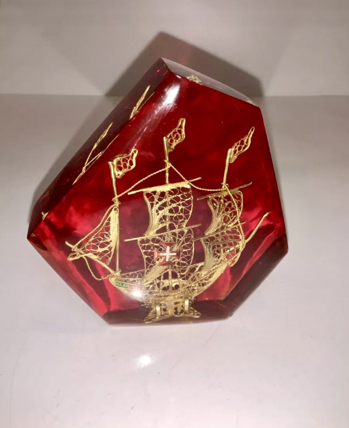 Vintage Nautical Paperweight Clipper Ship Portugal Gold Filigree Vermeil Boat