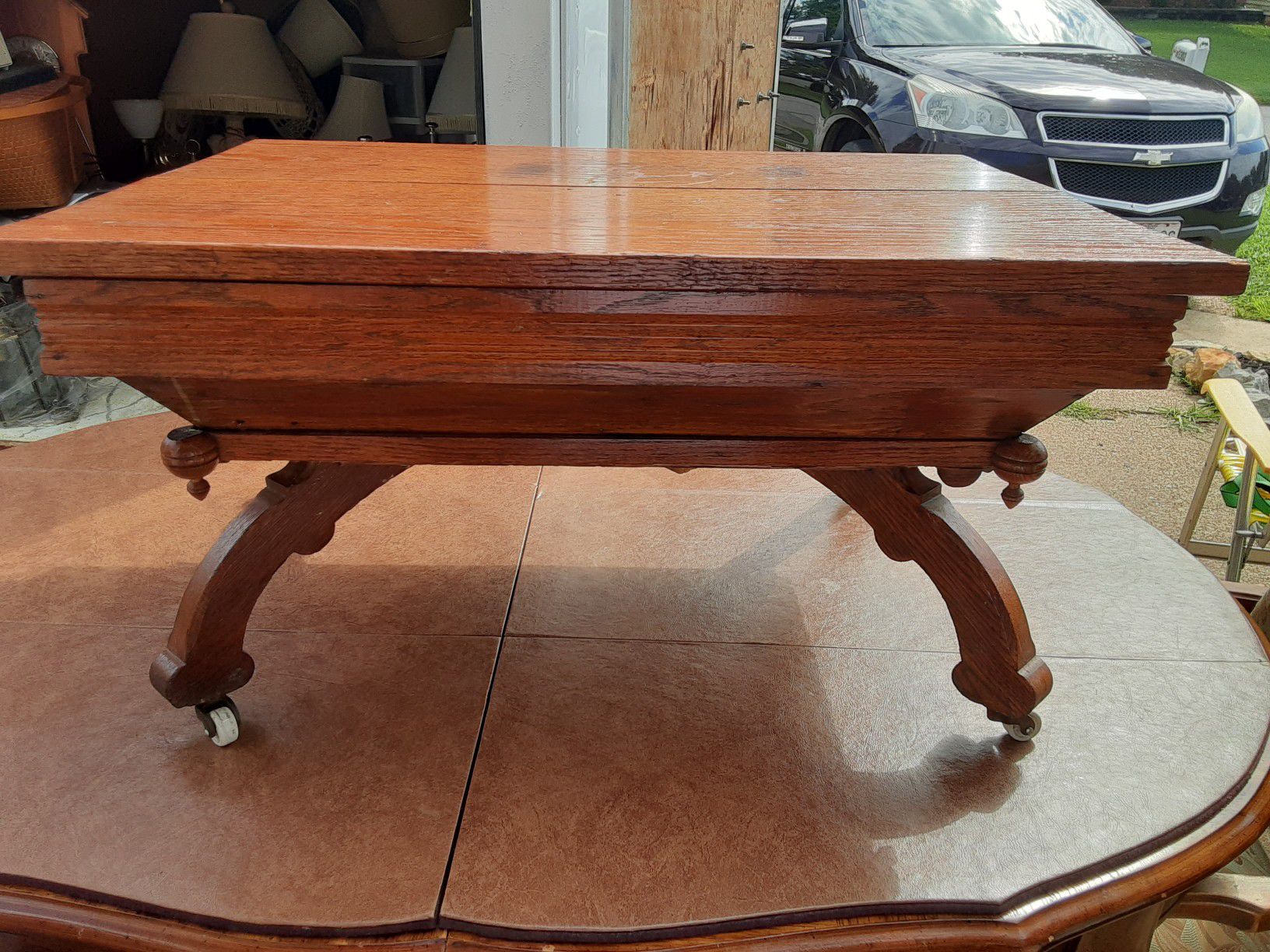 ANTIQUE All Wood Table On Wheels