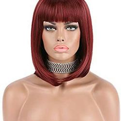 Wine Red Straight Cut Bob With Bangs Hair Wig