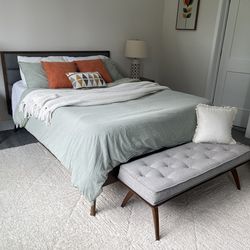 Queen bed and bench, tufted, grey