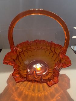 Vintage Amberina Fenton Glass Basket Thumbprint Design 8.5"