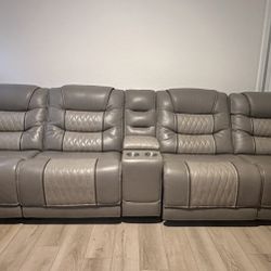 Gray Leather Power Reclining Sofa with Console