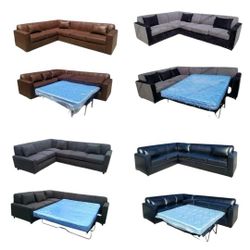 Brand NEW  7X9FT SECTIONAL WITH SLEEPER COUCHES.  DARK BROWN, BLACK LEATHER. DARK GRANITE, CHARCOAL COMBO FABRIC Sofas, Couch / More Color FABRIC Avai