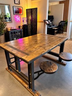 Unique Industrial Dining Table with 4 Built-In Swinging Seats