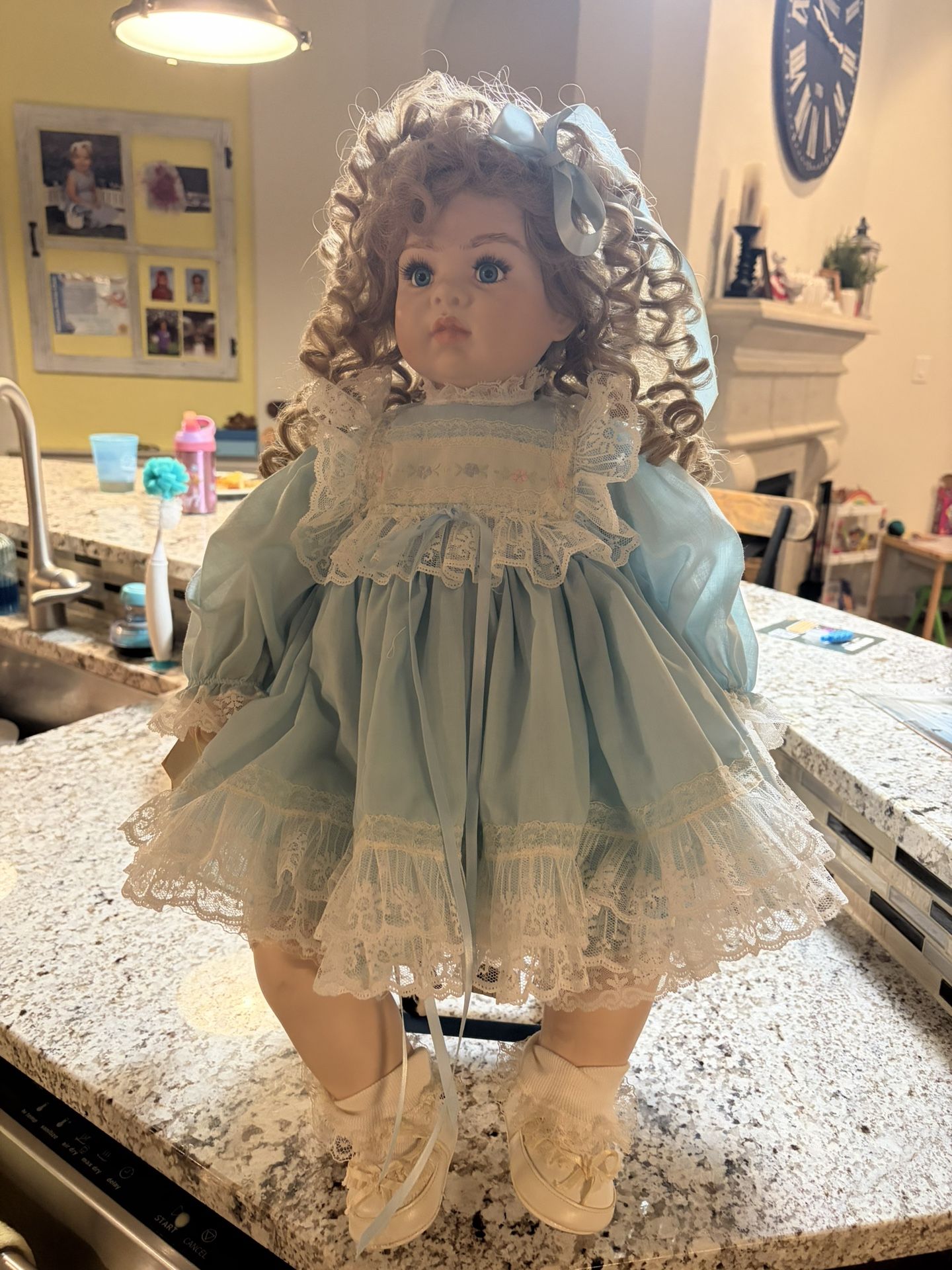 Porcelain Doll with Custom Dress And Chair