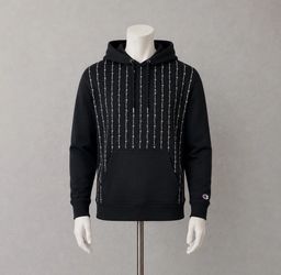 Champion Pinstripe Allover Logo Fleece Pullover Hoodie Black Men's Size M