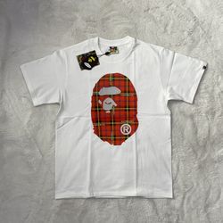 Bape Red Plaid Graphic White Tee