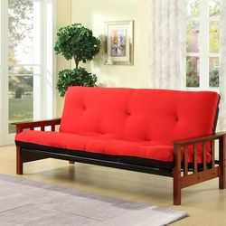 Mission Style Wooden Arms Cherry Finish Couch Sofa Adjustable Futon Bed with Futon Pad