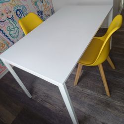 White Dining Table Rectangle Wooden Wood 2 Yellow Chairs