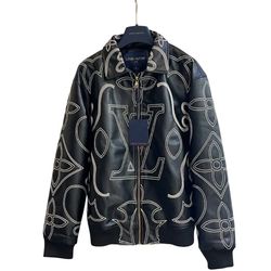 Women’s XL LV Black Calf Embroidered Leather Bomber Jacket