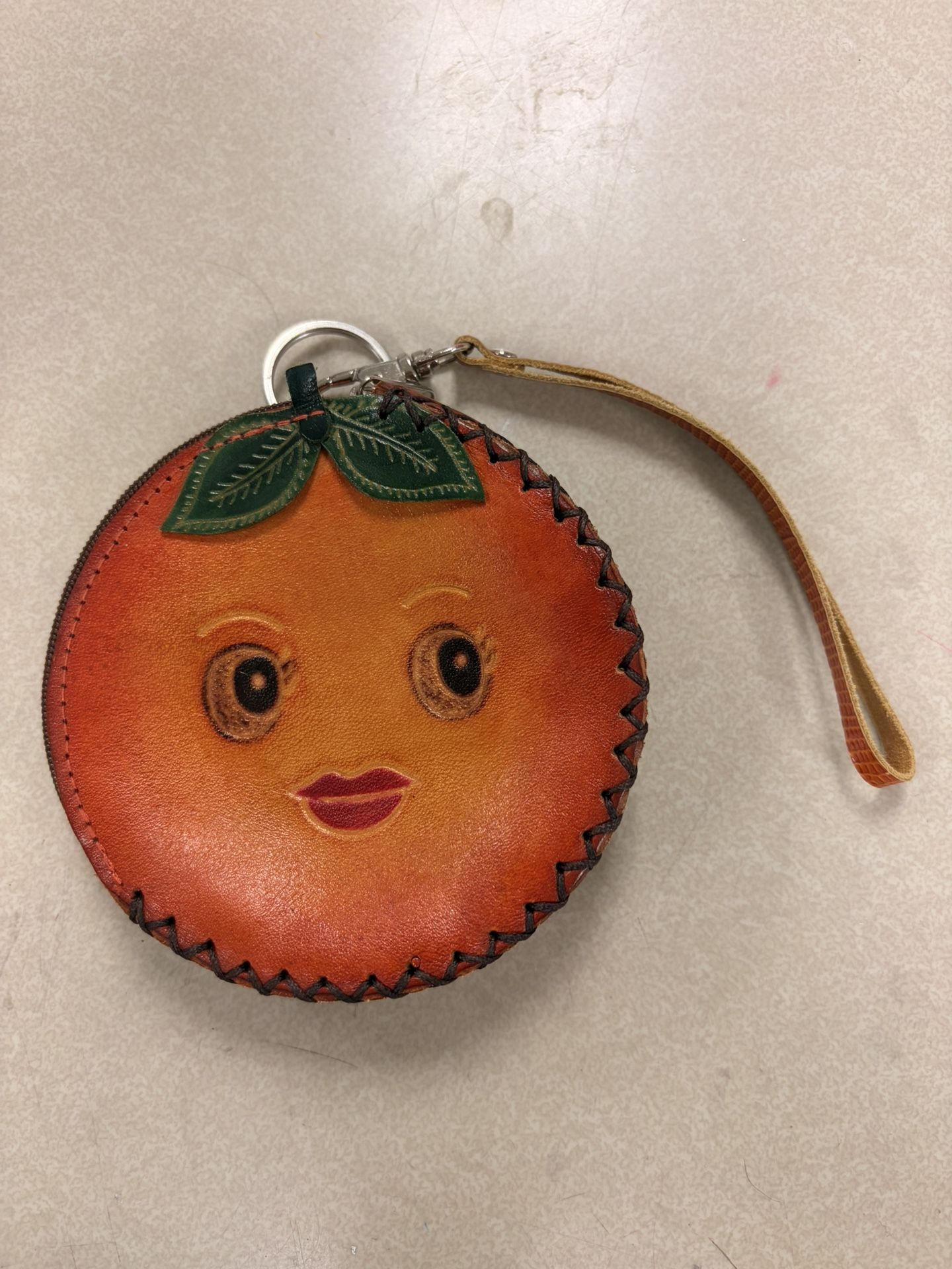 Leather Orange Coin Purse: Smile Face Pouch