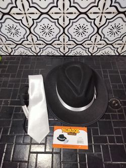 Black Fedora with White Satin Band & Matching White Tie -Fun Costume