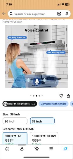BRANO Wall Mount Range Hood 36 Inch, 900 CFM, Modern Ultra-Slim Design Ducted Hood Vents for Kitchen with Voice/Gesture/Touch Control, Stainless Steel