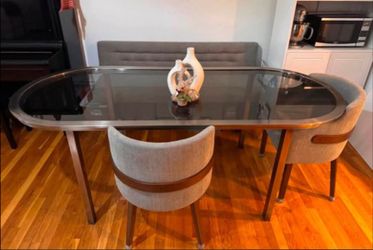 Glass dining table with bench and 2 chairs