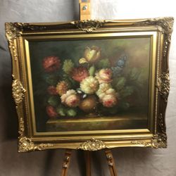 Beautiful Floral Still Life Painting In Frame, Ready To Hang 21”x25” Total
