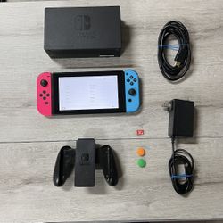 Nintendo Switch Console Bundle Neon Red Blue Joy Cons Dock Charger Tested