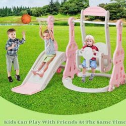 Toddler Slide and Swing Set 4 in 1 Baby Slide Climber Playse with Swing Slide Climber and Basketball Kids Slide and Swing Set V037